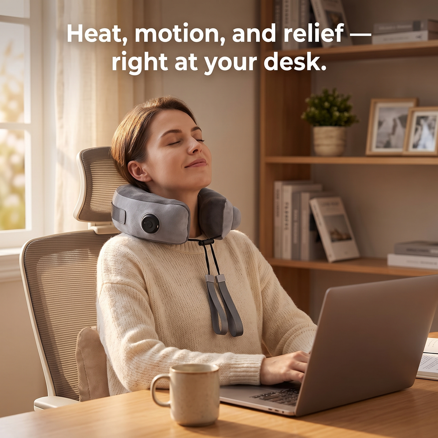 Woman using neck massager with heat and adjustable pressure at her desk